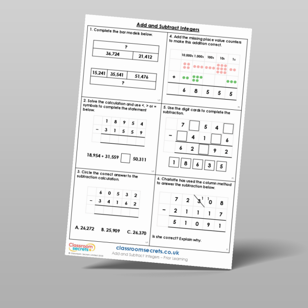 Year 6 Add And Subtract Integers Prior Learning Resource | Classroom ...
