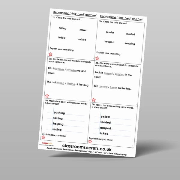 An image of the Recognising '-ing', '-ed' and '-er' Application and Reasoning Resource