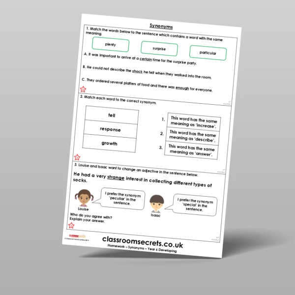 An image of the Free Synonyms Homework Resource