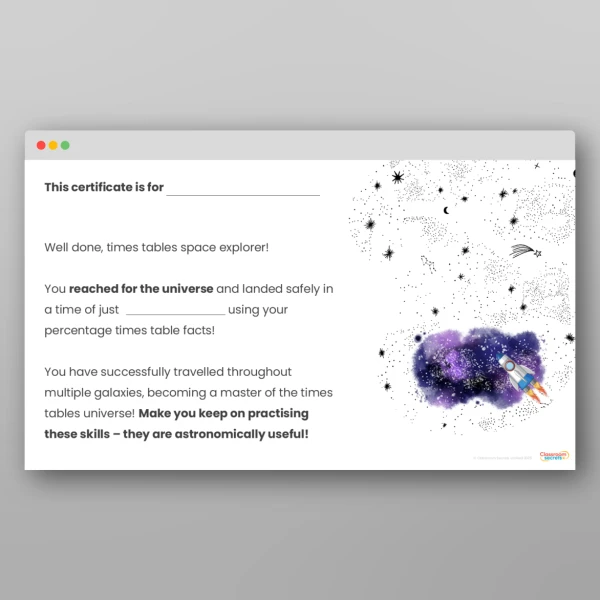 An image of the Challenge 15 The Universe Percentages Times Tables Resource