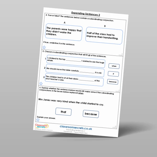 An image of the Expanding Sentences 2 Homework Resource