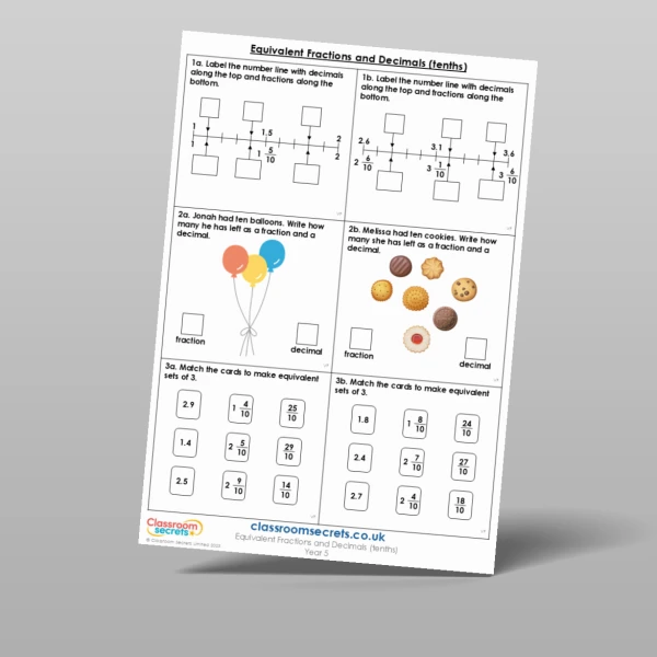 An image of the Equivalent Fractions and Decimals (Tenths) Varied Fluency Resource