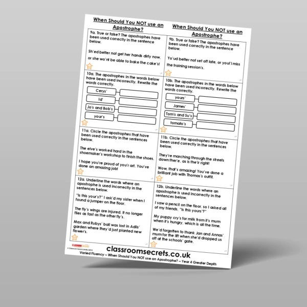 An image of the When Should You NOT use an Apostrophe? Varied Fluency Resource