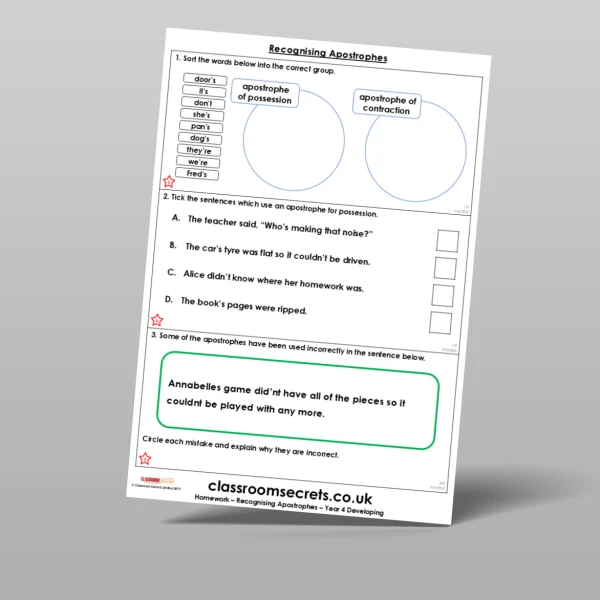 An image of the Free Recognising Apostrophes Homework Resource