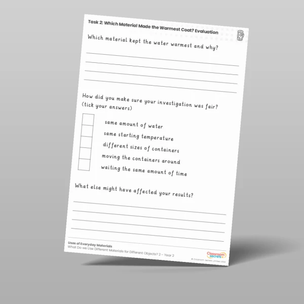 An image of the Lesson 5: Which Material Made the Warmest Coat? Evaluation Worksheet Resource