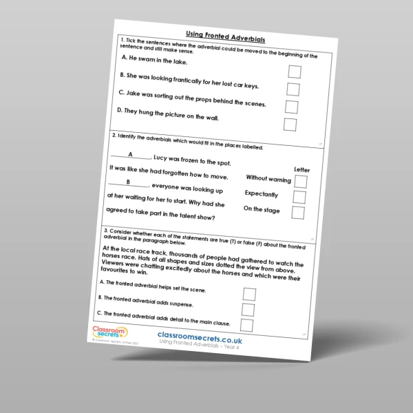 An image of the Using Fronted Adverbials Mixed Activity Resource