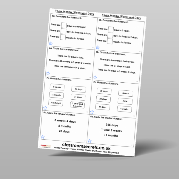 Year 4 Years Months Weeks And Days Varied Fluency Resource | Classroom ...