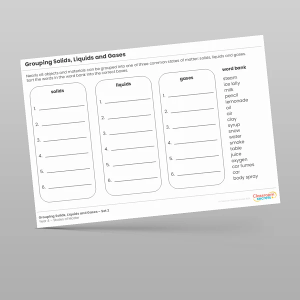 An image of the Grouping Solids, Liquids and Gases Resource