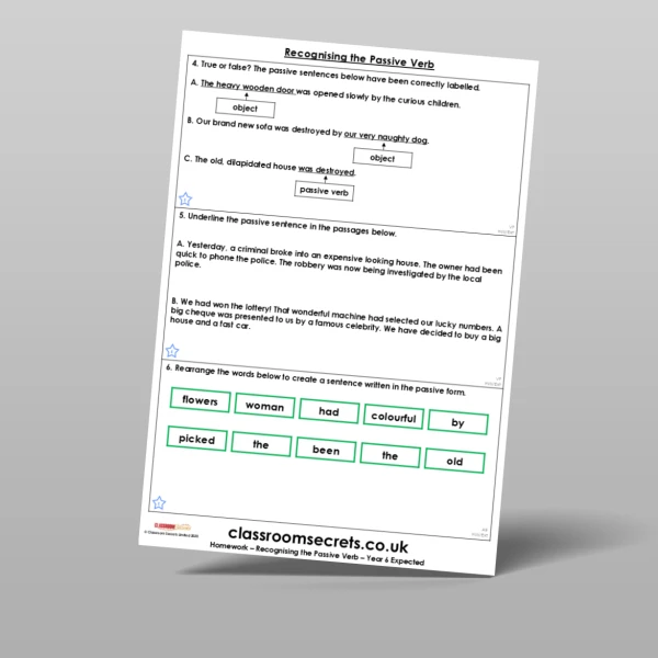 An image of the Recognising the Passive Verb Homework Resource