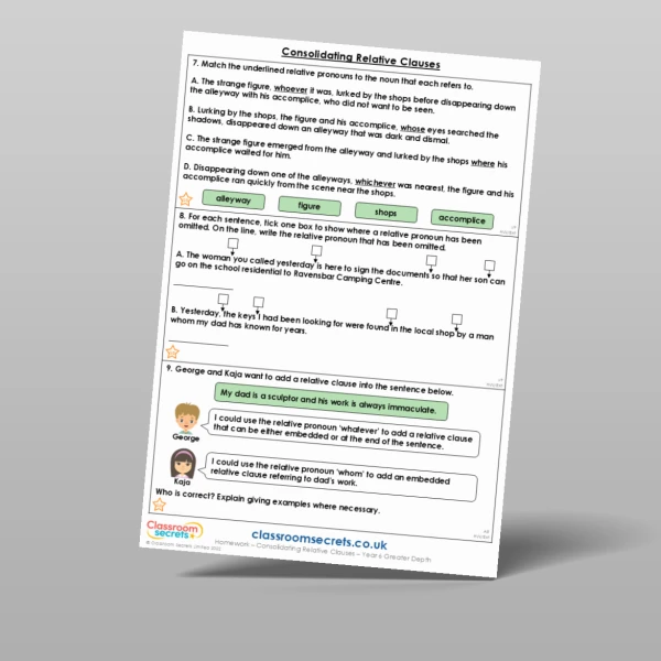 An image of the Free Consolidating Relative Clauses Homework Resource