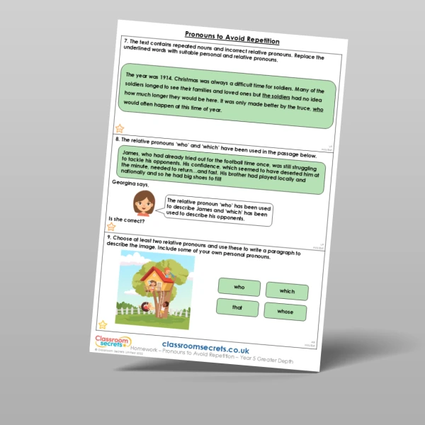 An image of the Free Pronouns to Avoid Repetition Homework Resource