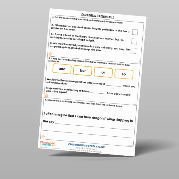 An image of the Expanding Sentences 1 Homework Resource