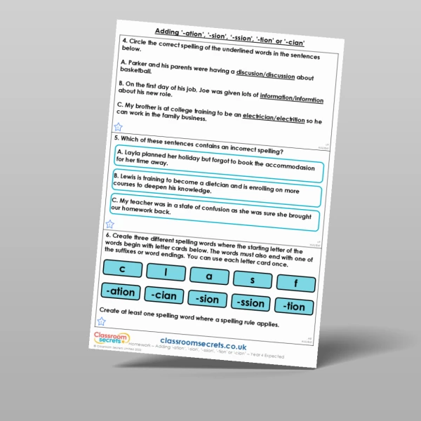 An image of the Adding '-ation', '-sion', '-ssion', '-tion' or '-cian' Homework Resource