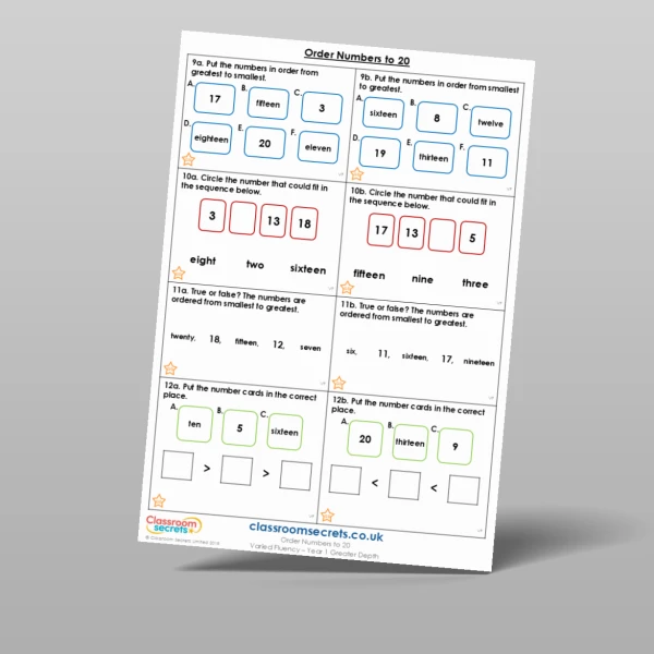 An image of the Order Numbers to 20 Varied Fluency Resource