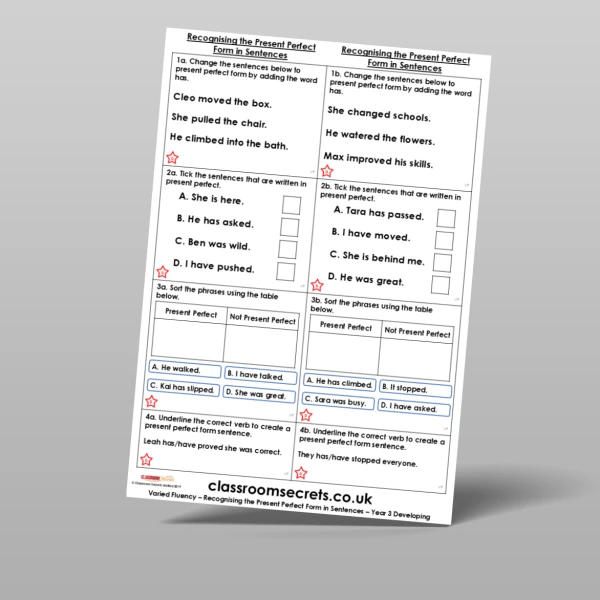 An image of the Free Recognising the Present Perfect Form in Sentences Varied Fluency Resource