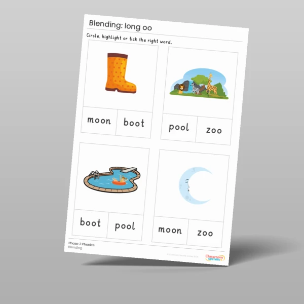 An image of the Phonics Blending Activities: long oo Resource