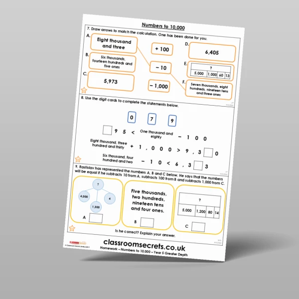 An image of the Numbers to 10,000 Homework Resource