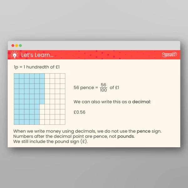 An image of the Write Money Using Decimals Teaching PPT Resource