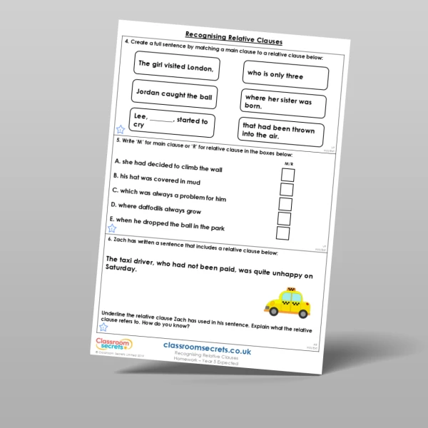 An image of the Recognising Relative Clauses Homework Resource