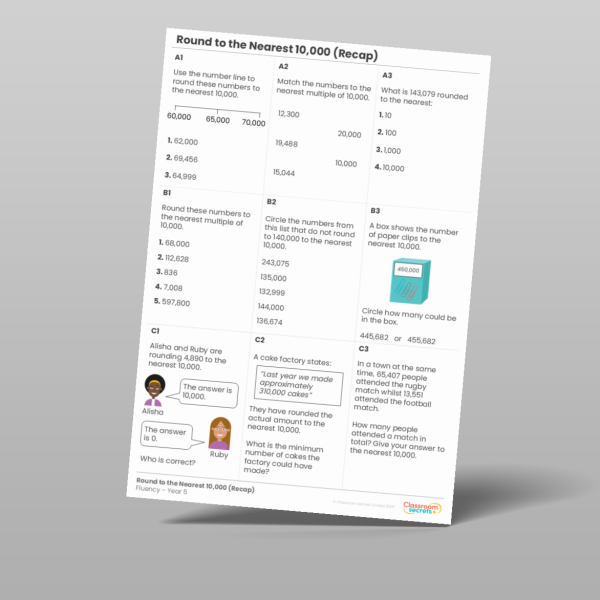 Year 5 Round To The Nearest 10 000 Recap Fluency Matrix Resource ...