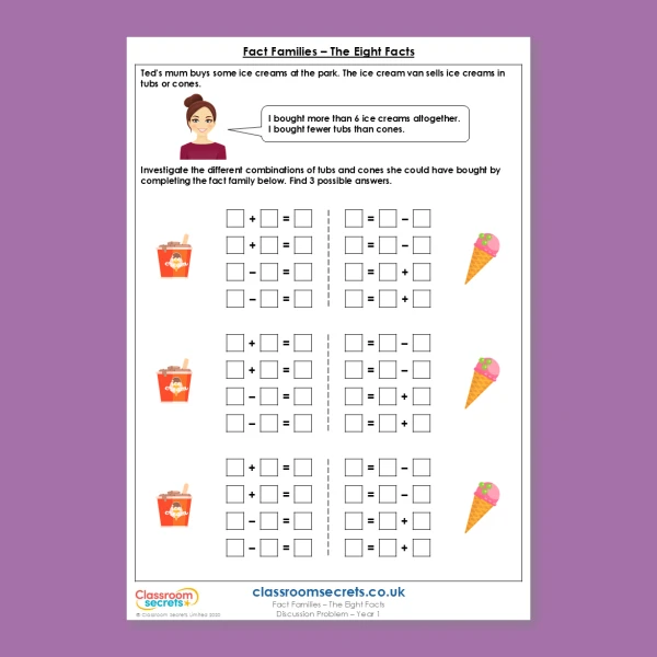 Year 1 Fact Families The Eight Facts Addition and Subtraction within 10 Deeper Reasoning Discussion Problem