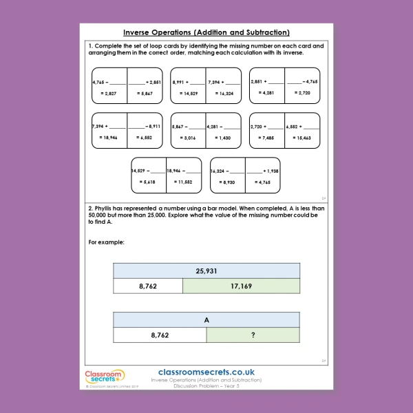 Year 5 Inverse Operations (Addition and Subtraction) Addition and Subtraction Deeper Reasoning Discussion Problem