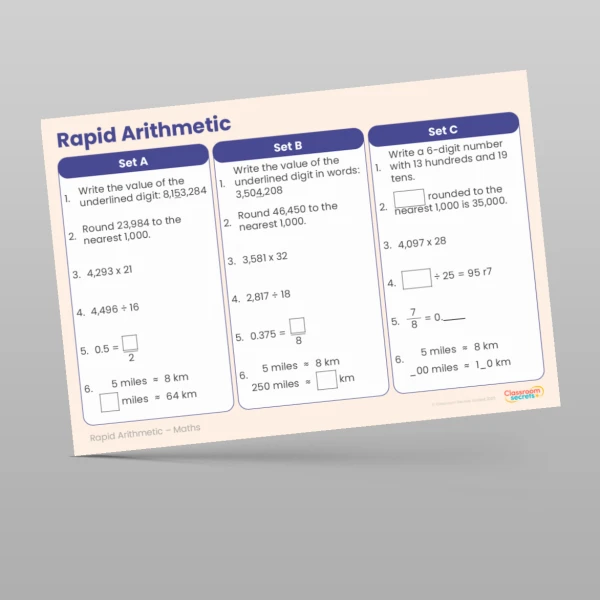An image of the Free Summer 1 Week 1 Rapid Arithmetic Resource