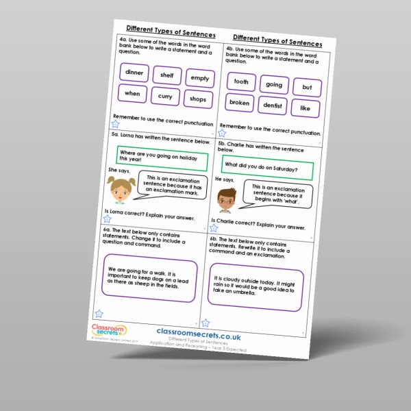 An image of the Different Types of Sentences Application and Reasoning Resource