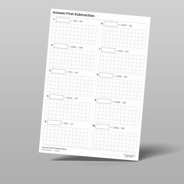 An image of the Answer First Subtraction Arithmetic Test Resource