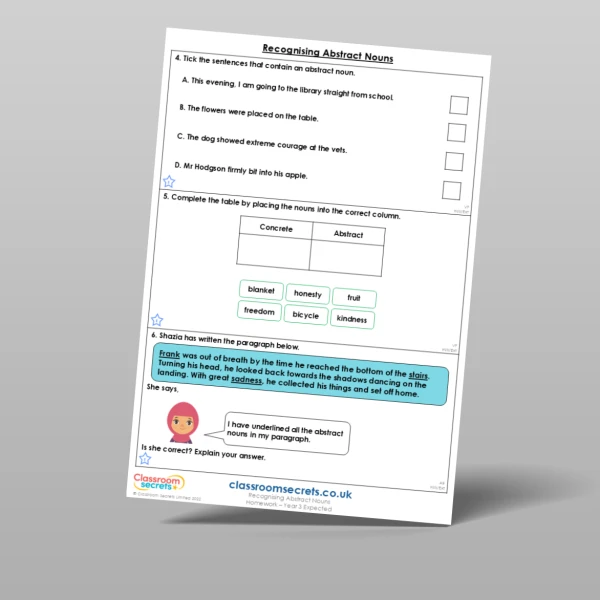 An image of the Recognising Abstract Nouns Homework Resource
