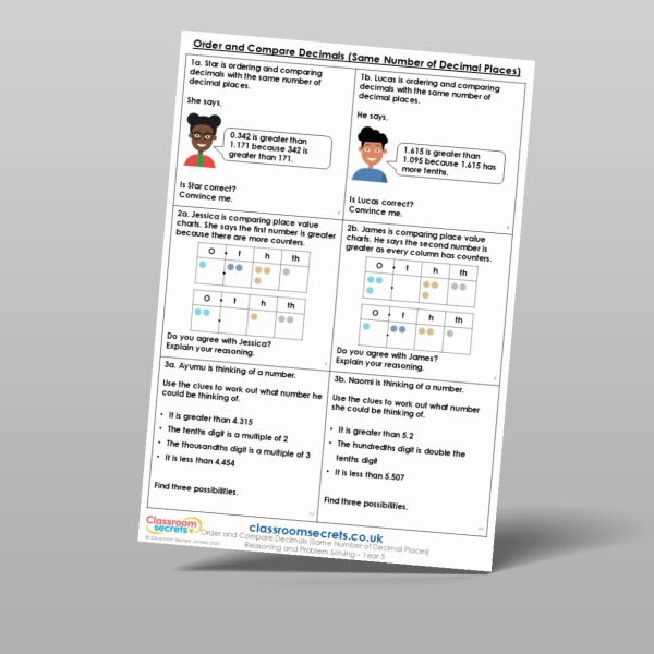 An image of the Order and Compare Decimals (Same Number of Decimal Places) Reasoning and Problem Solving Resource