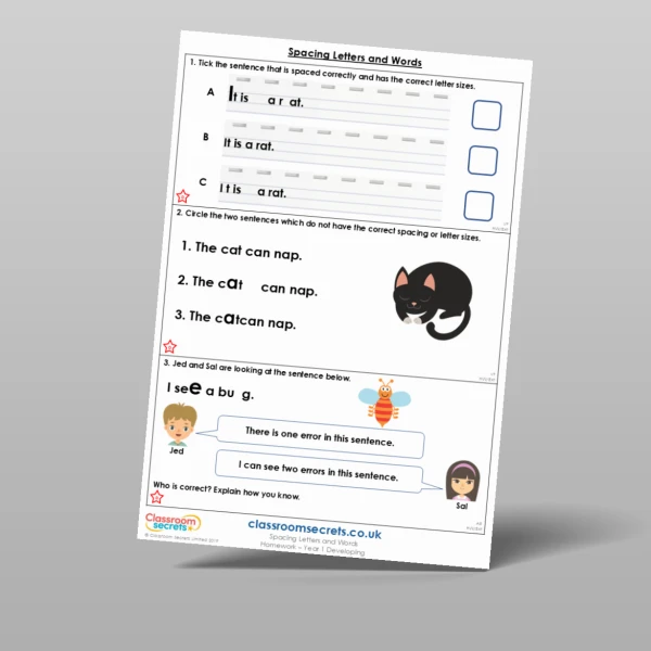 An image of the Spacing Letters and Words Homework Resource