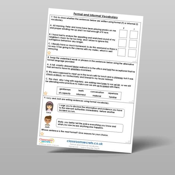 An image of the Formal and Informal Vocabulary Homework Resource