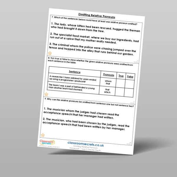 An image of the Omitting Relative Pronouns Homework Resource