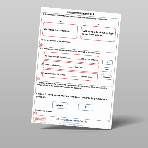 An image of the Expanding Sentences 2 Homework Resource