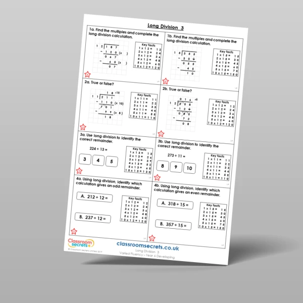 An image of the Long Division 3 Varied Fluency Resource