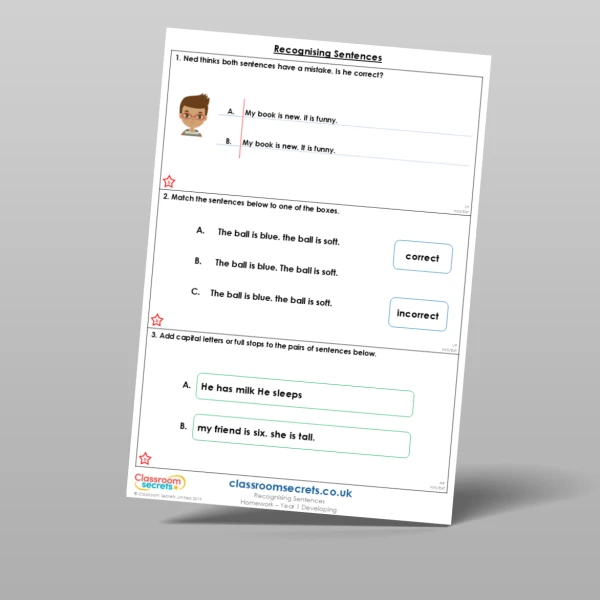 An image of the Recognising Sentences Homework Resource