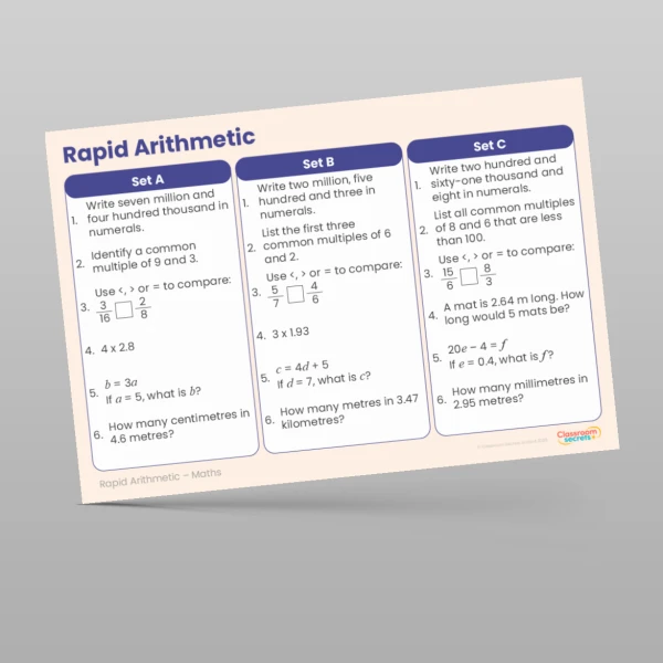 An image of the Summer 1 Week 1 Rapid Arithmetic Resource
