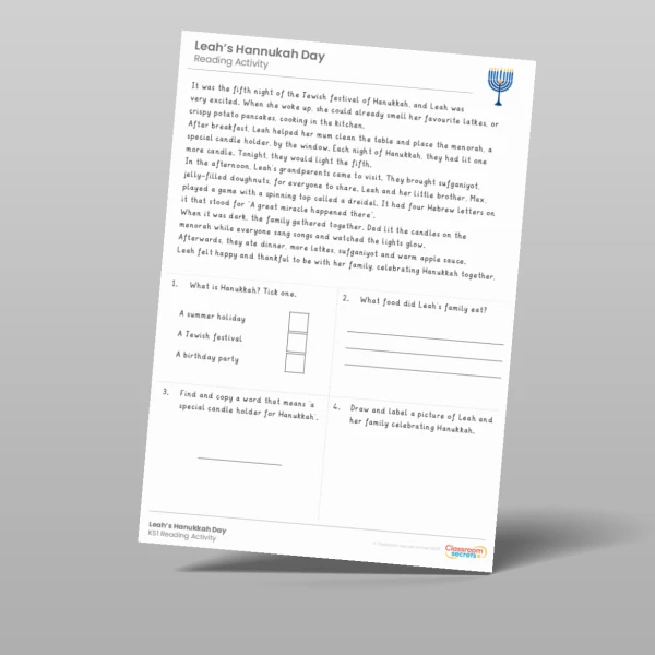 An image of the Hanukkah Reading Activity Resource