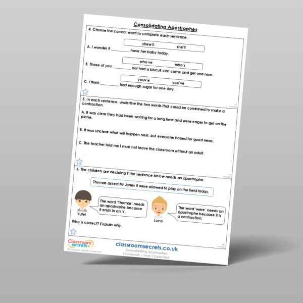 An image of the Consolidating Apostrophes Homework Resource