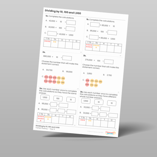 Year 5 Dividing By 10 100 And 1 000 Varied Fluency Resource | Classroom ...