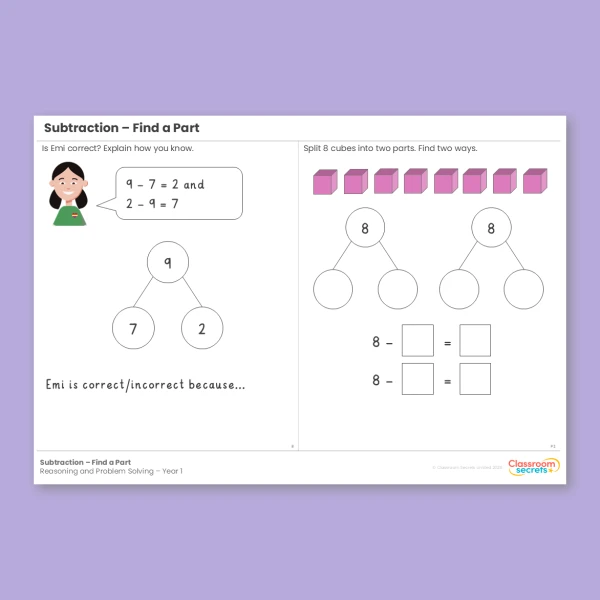Year 1 Subtraction Find a Part Addition and Subtraction within 10 Reasoning and Problem Solving