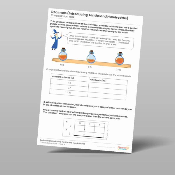 An image of the Decimals (Introducing Tenths and Hundredths) Consolidation Task Resource