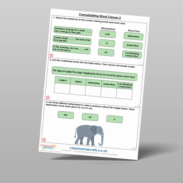 An image of the Consolidating Word Classes 2 Homework Resource