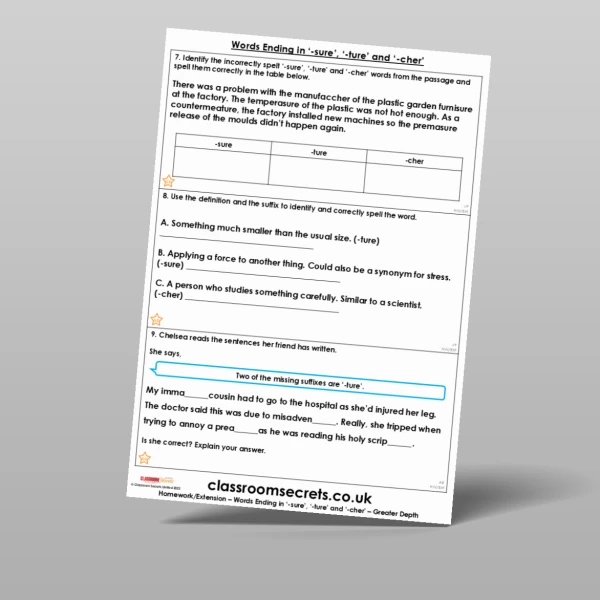 An image of the Words Ending in 'sure', 'ture' and 'cher' Homework Resource