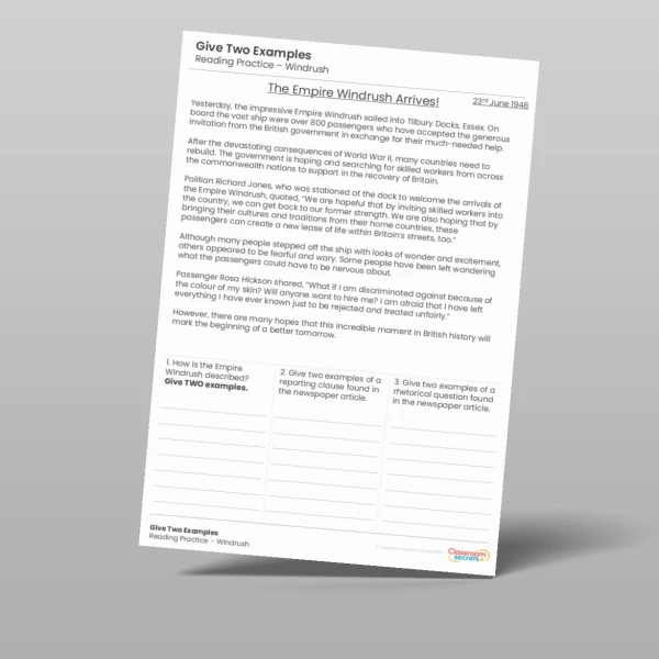 An image of the Give Two Examples Windrush Reading Test Practice Resource