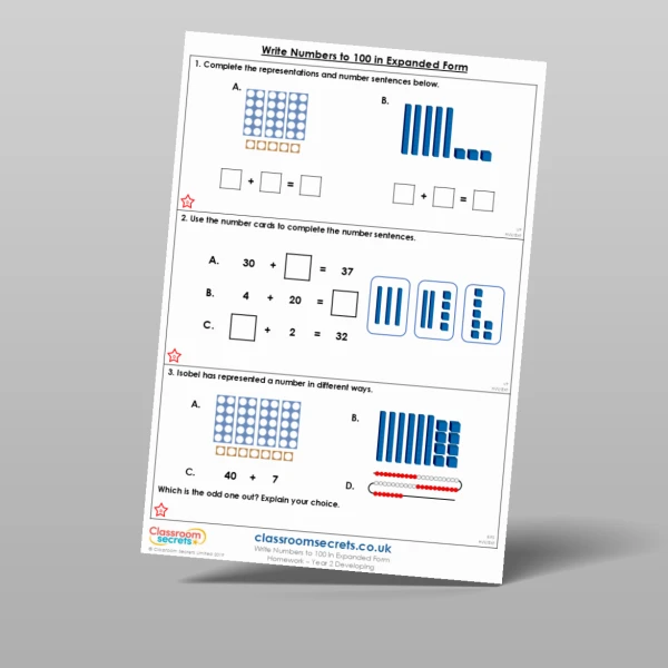 An image of the Write Numbers to 100 in Expanded Form Homework Resource