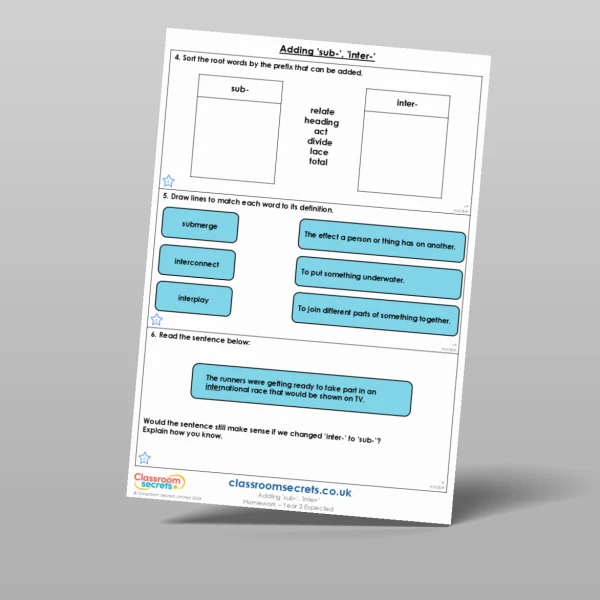 An image of the Adding 'sub-', 'inter-’ Homework Resource