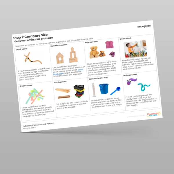 An image of the WR Maths Aligned Planning Reception Step 1 Compare Size Resource