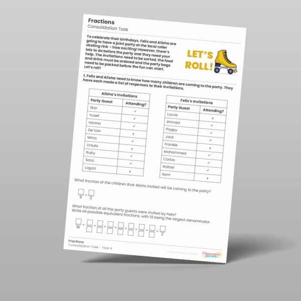 An image of the Fractions Consolidation Task Resource